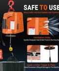 Electric Hoist Winch 1100 Lbs Capacity For Garage And Workshop 25 Ft Lift 110V Power Beefy Lifting For ATV Recovery And Machinery Safer Faster Than Manual Come Along Winches orange electric hoist with remote, hook, and ventilation details