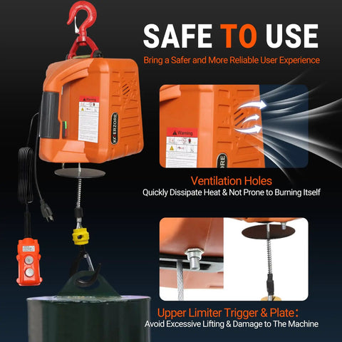 Electric Hoist Winch 1100 Lbs Capacity For Garage And Workshop 25 Ft Lift 110V Power Beefy Lifting For ATV Recovery And Machinery Safer Faster Than Manual Come Along Winches orange electric hoist with remote, hook, and ventilation details