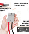 New Anderson connector with high-quality wiring showcased in hand, highlighting features of Straight Up Fast 12V LiFePO4 Lithium Battery Charger.