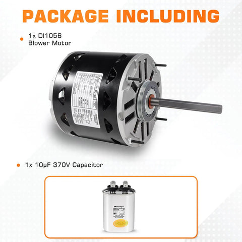 Rugged Half HP Blower Motor 1075 RPM 3 Speed 115V 8A 48 Frame Sleeve Bearing With 10uF 370V Capacitor Included package
