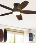 42 Inch Ceiling Fan With Lights And Remote Control For Indoor And Outdoor Use, Flush Mount Low Profile Reversible Dimmable Black And Wood Grain Finish