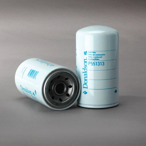 Two P551313 Fuel Filter Spin On Secondary For Cat 1R0750 Compatible filters with 62mm gasket and labeled packaging.