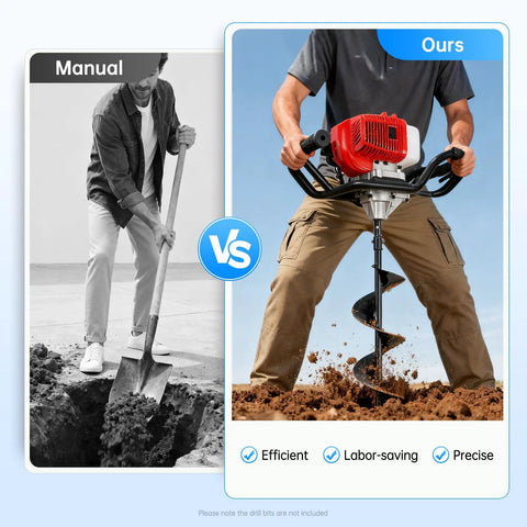 Comparison of manual digging vs Beast 52cc Gas Powered Auger Power Head For 0.75 Inch Auger Diameter, 2HP Earth Auger Engine