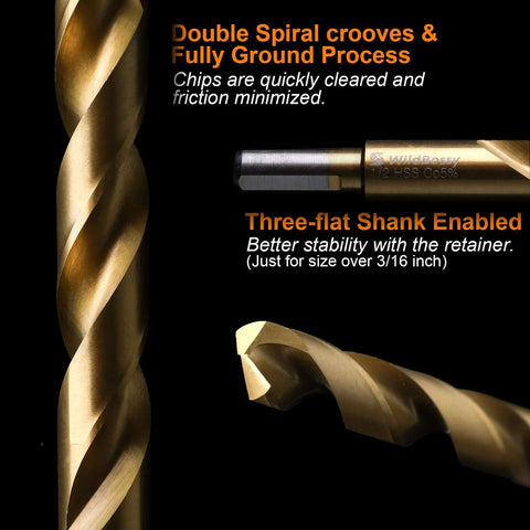 M35 cobalt drill bits set in gold color with spiral flutes and three-flat shank, close-up view