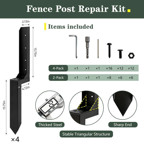 Beefed Up Heavy Duty Fence Post Anchor and Repair Kit for 4x4 and 6x6 Wood Posts with tools and hardware included