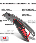 Heavy Duty Box Cutter Retractable Knife With 2 In 1 Cutting Modes, Auto Retracting Safety Knife And 3 Position Lock, Zinc Alloy Build, Blade Storage, Includes 3 SK4 Blades For Tough Jobs. angled view with soft grip and blade storage