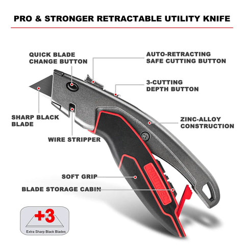 Heavy Duty Box Cutter Retractable Knife With 2 In 1 Cutting Modes, Auto Retracting Safety Knife And 3 Position Lock, Zinc Alloy Build, Blade Storage, Includes 3 SK4 Blades For Tough Jobs. angled view with soft grip and blade storage