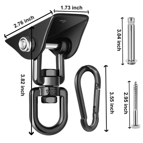 Heavy Duty 360 Degree Swivel Porch Swing Hanging Kit Built For 1200 Lb Capacity Stainless Steel Hanger Perfect For Hammocks Chairs And More Includes 2 Hangers Screws Bolts And Hooks For Quick Setup shown with dimensions