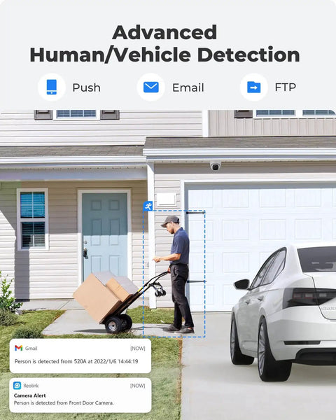Person with packages in front of a house monitored by 5MP PoE Security Cam Kit For Indoor And Outdoor Use With Person Vehicle Pet Detection