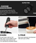 Image showing steps to use NanoFoamer V2 Milk Foamer For Home Use Microfoamed Milk In 30 Seconds With Dual Speed Waterproof Stainless Steel Build Barista Style Coffee Drinks No Fancy Espresso Rig Needed.