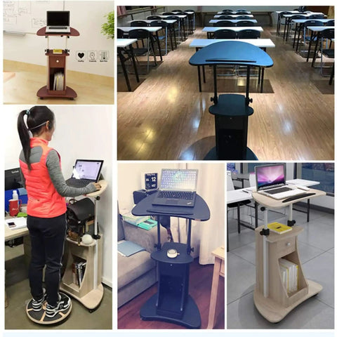 Straight Up Solid Rolling Laptop Cart displayed in various environments, featuring height adjustable desks and ergonomic designs.