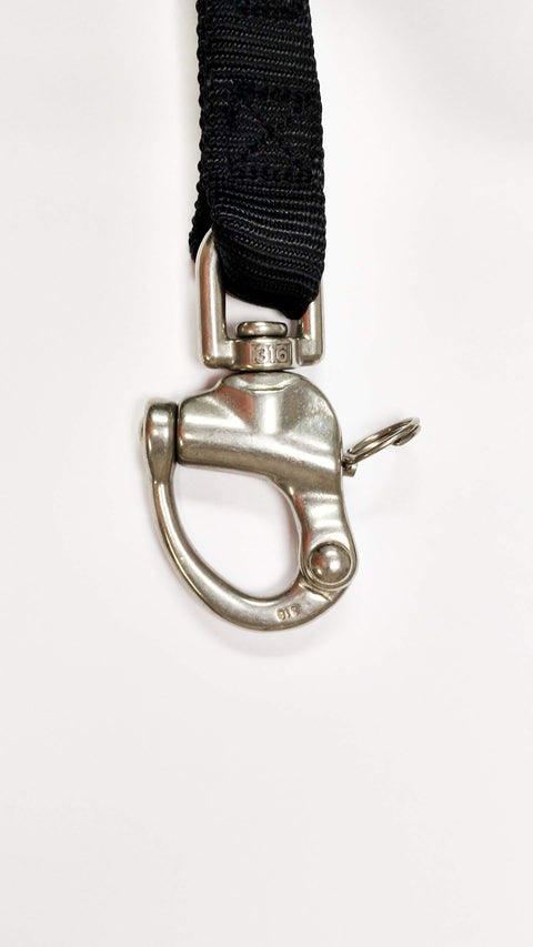 Close-up of Heavy Duty Rib Lifting Sling With Four Adjustable Legs 1000 Lb Safe Working Load clip on black strap.