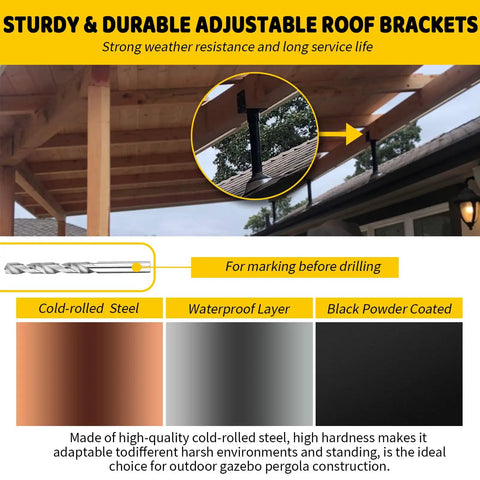 Roof Riser Brackets Kit For Pergola And Patio Cover Adjustable Angle 4x4 And 4x6 Lumber Posts Heavy Duty Black Steel With Hardware