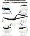 Badass Dual Pack Safety Glasses with Slick Anti Fog and Anti Scratch Clear Wrap Around Lenses feature comfortable nose bridge and adjustable length.