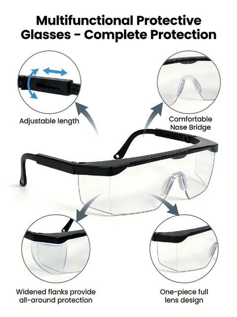 Badass Dual Pack Safety Glasses with Slick Anti Fog and Anti Scratch Clear Wrap Around Lenses feature comfortable nose bridge and adjustable length.