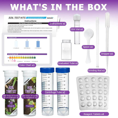 Contents of 4-In-1 Soil Test Kit With 40 Tests For pH Nitrogen Phosphorus And Potassium, including vials, tubes, and reagents.