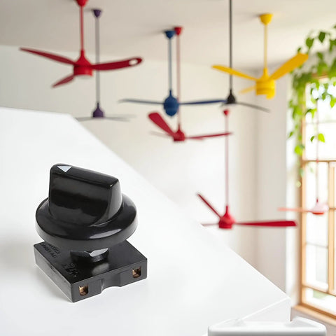 4 Position Ceiling Fan Speed Switch With 3 Speeds And Off Dope Black Rotary Controller with visible ceiling fans in background