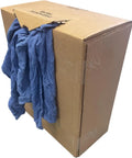 Pro Grade Reclaimed Huck Towels Box With 25 Lb Contents, blue 100 percent cotton cleaning cloths visible, cardboard packaging