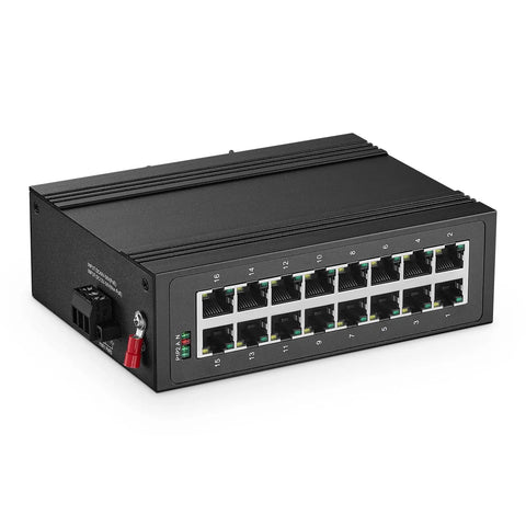 16 Port Gigabit Din Rail Industrial Ethernet Switch, Fanless IP40 Unmanaged Plug and Play, black rugged equipment