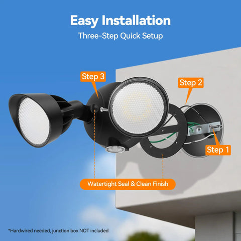 Built Tough Dual Head Led Flood Light Featuring Automatic Dusk To Dawn Sensor, Screaming Bright 45 Watt 5500 Lumens 5000K Daylight, Ip65 Hardwired Security Spotlight For Driveways, Black