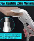 10 Inch Locking Pliers Sheet Metal Clamp with Extra Wide Duck Billed Jaw gripping a wooden block, screw adjustable mechanism shown