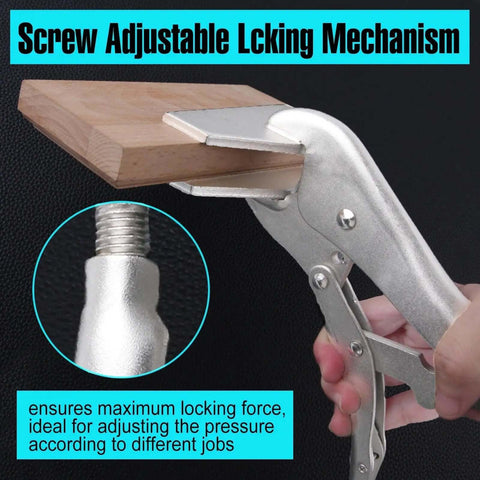 10 Inch Locking Pliers Sheet Metal Clamp with Extra Wide Duck Billed Jaw gripping a wooden block, screw adjustable mechanism shown