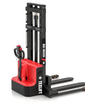 Top Rated Heavy Duty Electric Forklift Walkie Pallet Stacker with adjustable forks, 3300 Lbs capacity, 12 Ft lifting height, red and black design.