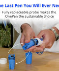 Person holding Bluelab OnePen with replaceable probe shown, focuses on 3 In 1 Temperature, EC PPM And pH Meter With Super Fast Readings.