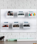 Six Pack Slatwall Bins With Hooks Set For Wall Mounted Storage holding tools and accessories on a white slatwall panel