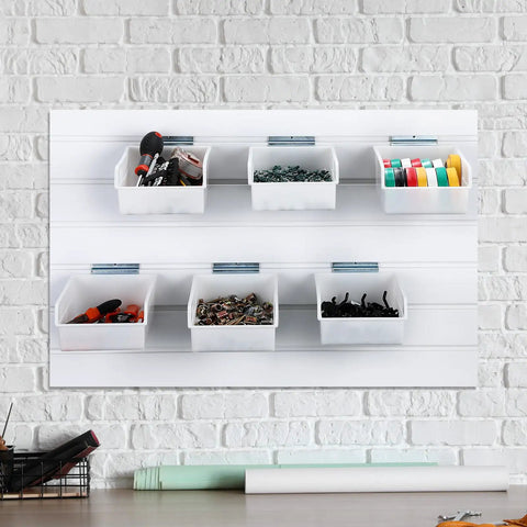 Six Pack Slatwall Bins With Hooks Set For Wall Mounted Storage holding tools and accessories on a white slatwall panel