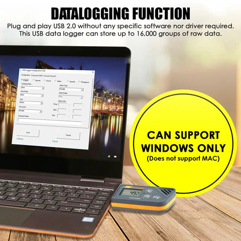 Usb Temperature And Humidity Data Logger With Barometric Pressure Tracking And No Fuss Pdf Csv Reports For Cold Chain Storage Built Dead Simple Ip65 Waterproof showing data logging functionality on laptop.