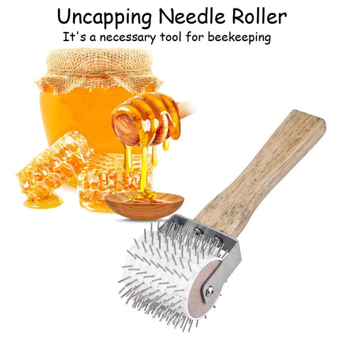 Honey Uncapping Roller Manual Honey Extractor With Plastic Needle Roller and Wooden Handle next to honey jar