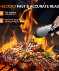 Digital Meat Thermometer Instant Read In 1 Second For Grilling, BBQ, showcasing display and probe inserted in grilled meat.