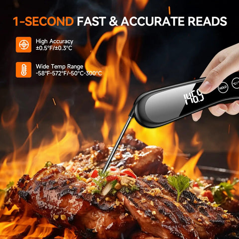 Digital Meat Thermometer Instant Read In 1 Second For Grilling, BBQ, showcasing display and probe inserted in grilled meat.