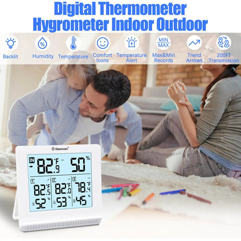 Indoor Outdoor Wireless Thermometer With 3 Remote Sensors Digital Hygrometer Temperature and Humidity Monitor with backlit display
