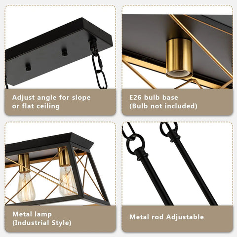 Close-up of Five Light Farmhouse Rectangular Pendant Chandelier For Dining Room And Kitchen Island, showing black frame and brass sockets