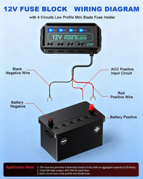 12V Fuse Block Wiring Diagram showing connections for a Drop In 12V Fuse Block With 20A Relay Junction Kit featuring 4 circuits.