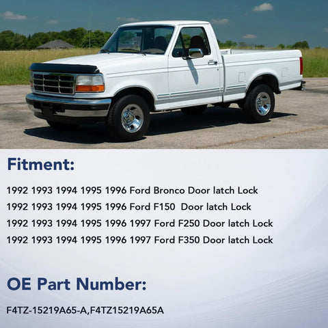 White pickup with compatibility info for Front Left Door Latch Lock Assembly With Actuator And Cable Rod Kit For 1992 To 1997 Ford Bronco F150 F250 F350 Replacement F4TZ-15219A65-A F4TZ15219A65A