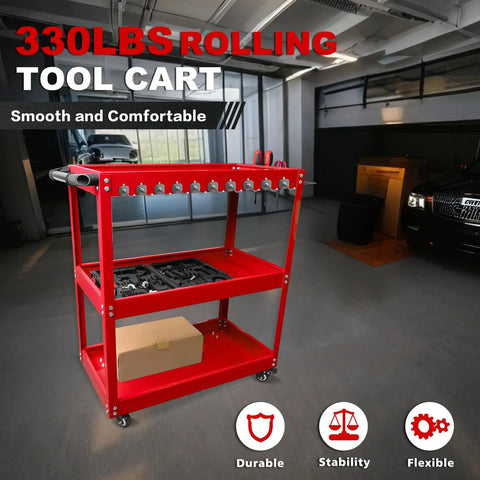 Three Tier Rolling Tool Cart With Side Hooks On Wheels Heavy Duty Metal Utility Cart With 330 Lbs Capacity in garage setting