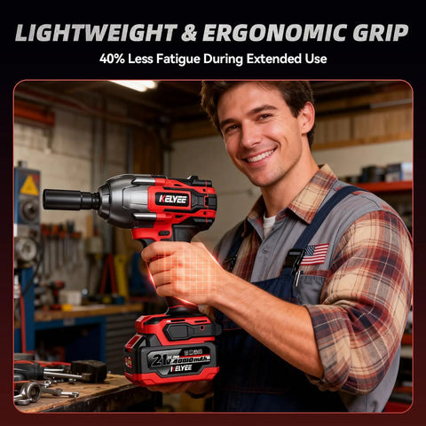 Man holding Cordless 1/2 Inch Impact Wrench With 1500 Nm High Torque, Brushless Motor, 21V Dual 4.0Ah Battery in workshop