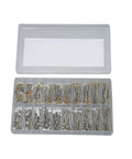 Open storage box with 200 Pcs Watch Screw Tube Kit With 10 Sizes 1.3mm Width, gold and silver watch band pins visible