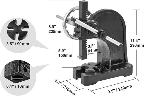 Heavy Duty Handwheel Arbor Press Rock Solid Stamping Bending And Forming Tool For Metalworking and DIY Projects with dimensions and cast iron body.