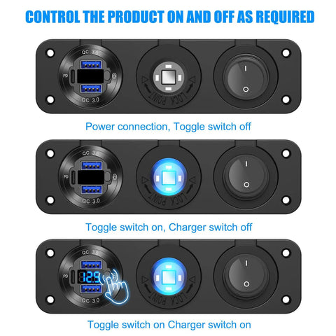 All In One Marine Power Panel With USB PD3 And Dual QC3 Ports 150W Lighter Socket Voltmeter Waterproof Toggle Switch Aluminum DIY Kit For Boats Built To Last with toggle switch and USB ports.
