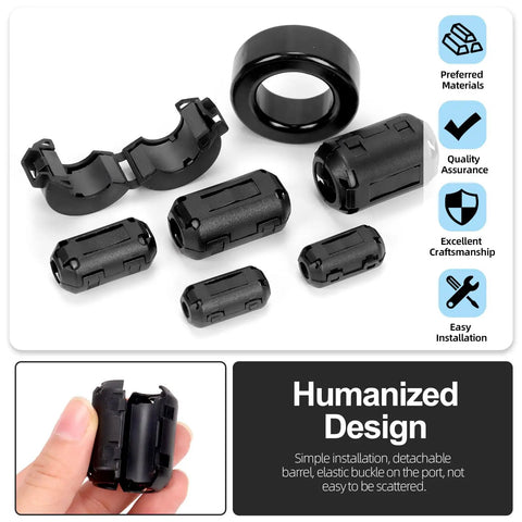 Black Clip-On Ferrite Ring Core Set With 28 Cable Clips, two toroid, two ferrite cores for RFI EMI noise suppression, shown with design details.