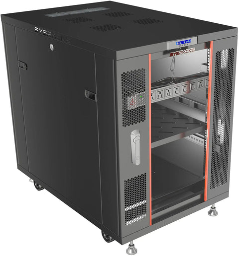 Tough As Nails 18U Server Rack Cabinet With Locking Doors 39 Inch Deep Heavy Duty Steel Build front view showing shelves and digital temp controller.