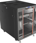 Solid Floor Standing Server Rack Cabinet With Secure Locking Doors For Heavy Network Gear And Router Hardware straight view with shelves and locked doors.