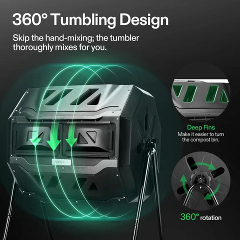 Outdoor Tumbling Composter Dual Rotating Batch Bin 43 Gallon Capacity With Two Chamber Setup For Continuous, Efficient Home Composting Easy Turn Design Odor Control Black Door, showing 360-degree tumbling design.