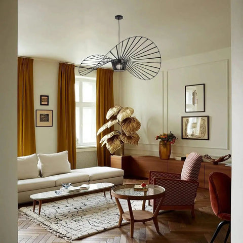 Living room with Black Vintage Chandelier With Straw Hat Shape Pendant Light, D39 Dope Boho Modern Farmhouse Ceiling Fixture