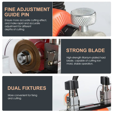 110V Automatic Key Duplicating Machine With Precision Micro Adjust And Titanium Plated HSS Blade, close-up of fine adjustment guide pin and fixtures