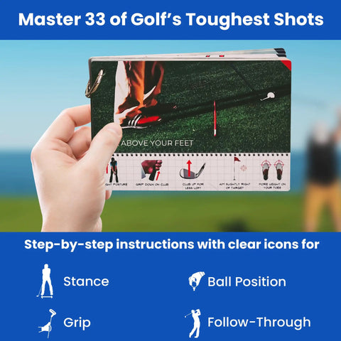 Golf Reference Cards 33 Step By Step Shots On Course Guide Waterproof PVC Sturdy Carabiner Left Handed Edition shown in hand